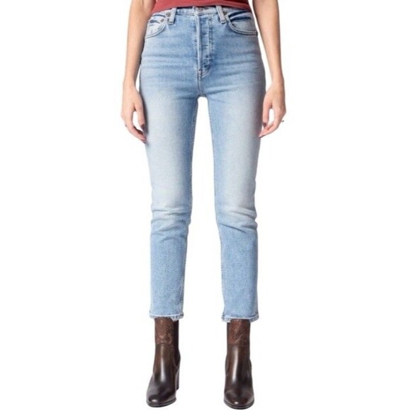 Re/Done 90s High Rise Ankle Crop Jeans Women's Button Fly Mid-Blue Size 25 New - Picture 1 of 13